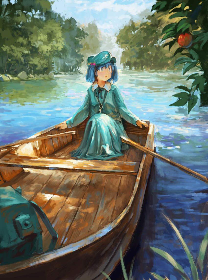 1girl :o apple backpack backpack_removed bag blue_eyes blue_hair blue_headwear blue_shirt blue_skirt blue_sky clouds day fjsmu flat_cap food forest fruit hair_bobbles hair_ornament hat highres kawashiro_nitori key knees_up long_sleeves looking_to_the_side nature oar open_mouth outdoors river rowboat shirt short_hair sitting skirt sky solo touhou tree_branch two_side_up