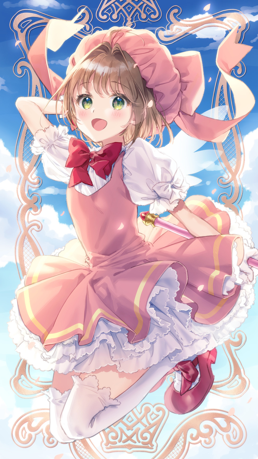 1girl :d arm_behind_head arm_up bangs blue_sky blush bow brown_hair cardcaptor_sakura clouds commentary day dress eyebrows_visible_through_hair full_body gloves green_eyes hat highres holding kinomoto_sakura looking_at_viewer masuishi_kinoto open_mouth outdoors petals pink_dress pink_headwear pleated_dress puffy_short_sleeves puffy_sleeves red_bow red_footwear shirt shoes short_sleeves sky sleeveless sleeveless_dress smile solo symbol_commentary thigh-highs transparent_wings white_bow white_gloves white_legwear white_shirt white_wings wings