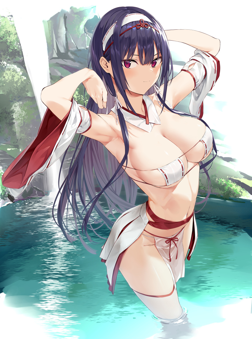 1girl absurdres arm_behind_head armpits arms_behind_head bangs blunt_bangs breasts detached_collar eyepatch_bikini from_above hairband haitekudasai_takamine-san hands_up highres hiiragi_yuuichi huge_filesize lake large_breasts long_hair looking_at_viewer nature navel outdoors partially_submerged pelvic_curtain purple_hair red_eyes solo standing standing_on_liquid takamine_takane thigh-highs water waterfall white_hairband white_legwear