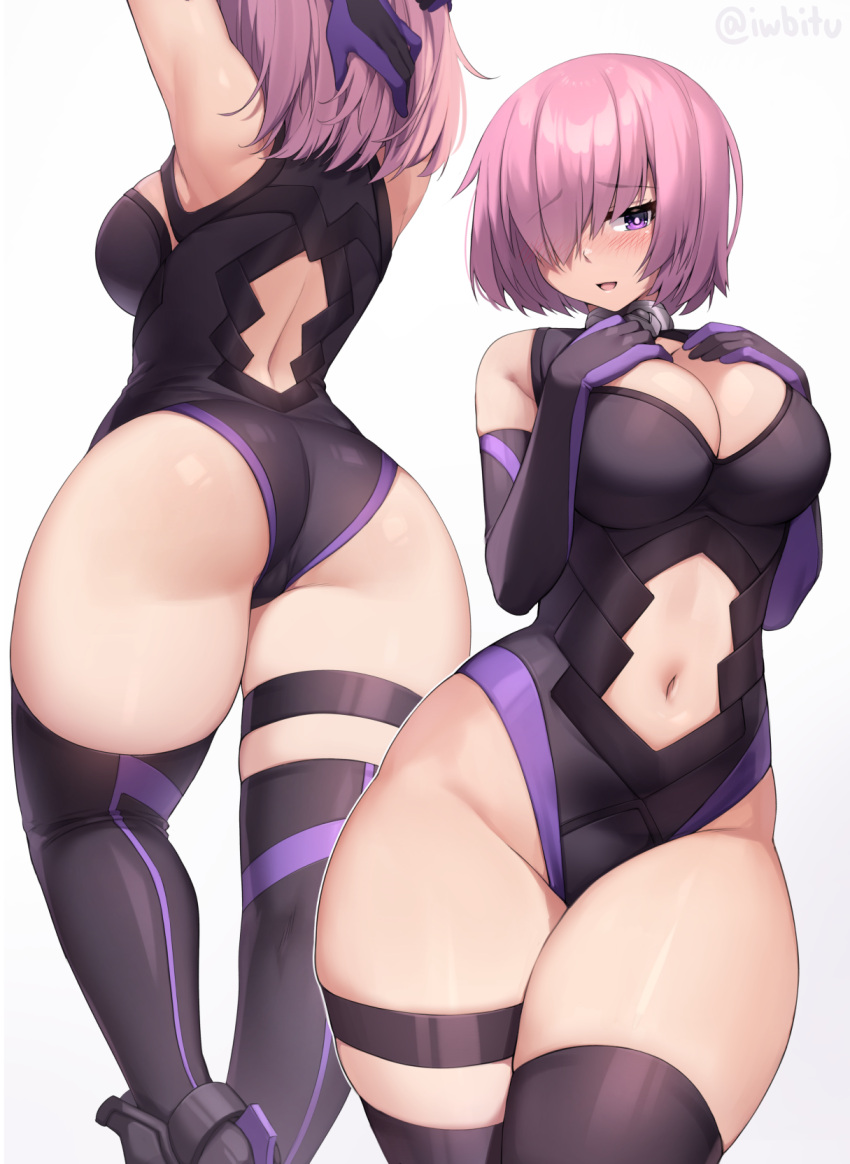 1girl :d armpits arms_behind_head arms_up artist_name ass back_cutout black_gloves black_legwear black_leotard blush breasts cleavage_cutout clothing_cutout elbow_gloves eyebrows_visible_through_hair fate/grand_order fate_(series) from_behind gloves hair_over_one_eye hands_on_own_chest highleg highleg_leotard highres iwbitu-sa large_breasts leotard looking_at_viewer mash_kyrielight multiple_views navel open_mouth pink_hair purple_gloves purple_leotard short_hair simple_background smile stomach_cutout thick_thighs thigh-highs thigh_strap thighs twitter_username two-tone_gloves two-tone_leotard violet_eyes white_background