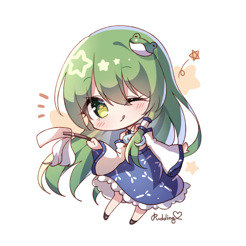 1girl artist_name black_footwear blue_skirt blush chibi collared_shirt commentary_request detached_sleeves eyebrows_visible_through_hair frog_hair_ornament full_body gohei green_eyes green_hair hair_ornament hair_tubes highres holding kochiya_sanae long_hair long_skirt long_sleeves nontraditional_miko notice_lines one_eye_closed pudding_(skymint_028) shirt skirt sleeveless sleeveless_shirt snake snake_hair_ornament solo star_(symbol) star_in_eye symbol_in_eye touhou wide_sleeves