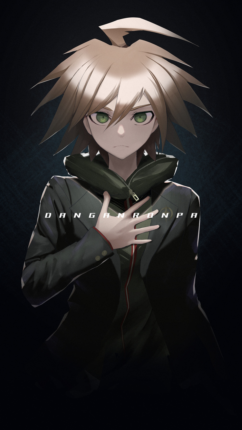 1boy ahoge bangs black_background black_jacket brown_eyes brown_hair commentary_request copyright_name dangan_ronpa:_trigger_happy_havoc dangan_ronpa_(series) eigo_ichii frown green_eyes green_hoodie hand_on_own_chest highres hood hood_down hoodie jacket long_hair looking_at_viewer male_focus naegi_makoto shiny shiny_hair short_hair solo upper_body