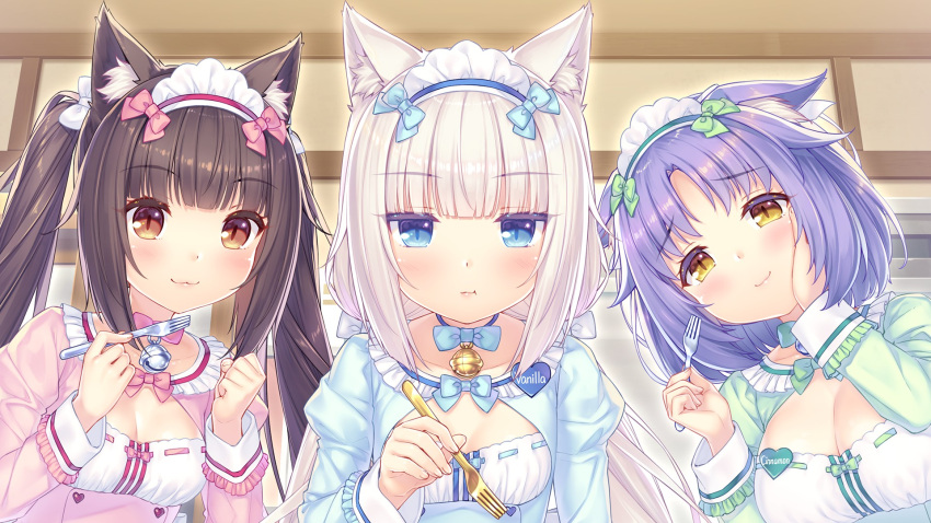 animal_ears bell bell_collar cafe cat cat_cafe cat_ears cat_tail chocola_(nekopara) cinnamon_(nekopara) collar fork highres jingle_bell nekopara sayori_(neko_works) tail vanilla_(nekopara) waitress