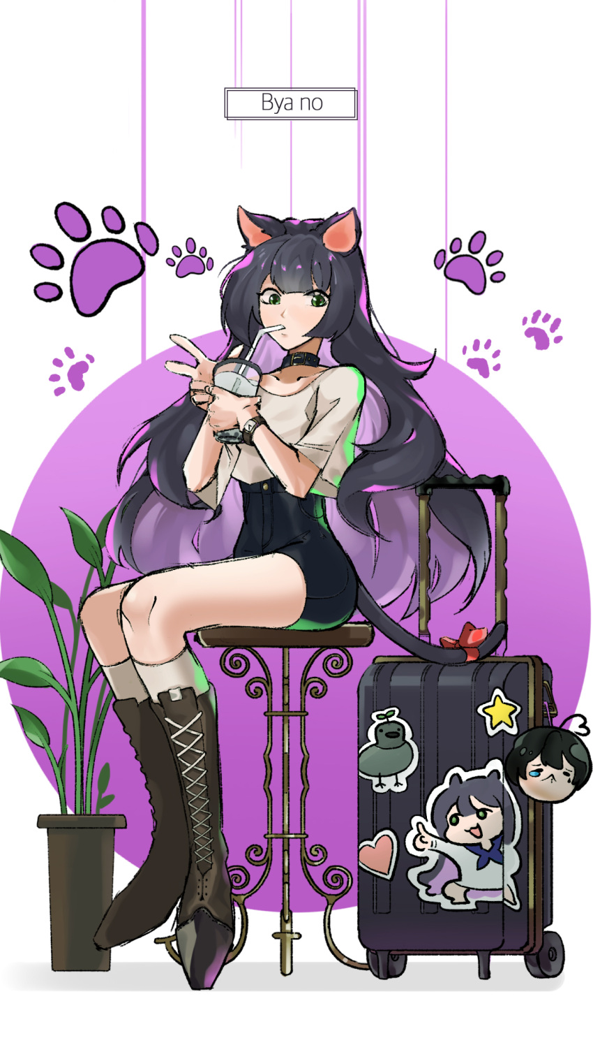 1girl animal_ears black_choker black_footwear boots bubble_tea cat_ears cat_tail choker commentary drinking_straw drinking_straw_in_mouth green_eyes heart high-waist_shorts highres korean_commentary lee_byanong paw_print plant rtgg sitting star_(symbol) sticker suitcase tail twitch.tv v