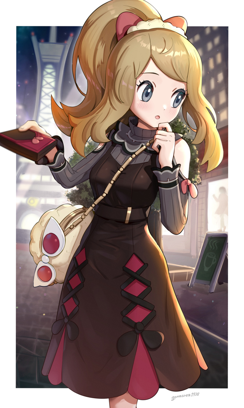 1girl artist_name blush border brown_dress commentary_request dress eyelashes eyewear_removed gonzarez grey_eyes hands_up highres holding light_brown_hair long_hair long_sleeves looking_away lumiose_city night open_mouth outdoors outside_border pokemon pokemon_(game) pokemon_masters_ex serena_(pokemon) shiny shiny_hair solo standing sunglasses tongue white-framed_eyewear white_border