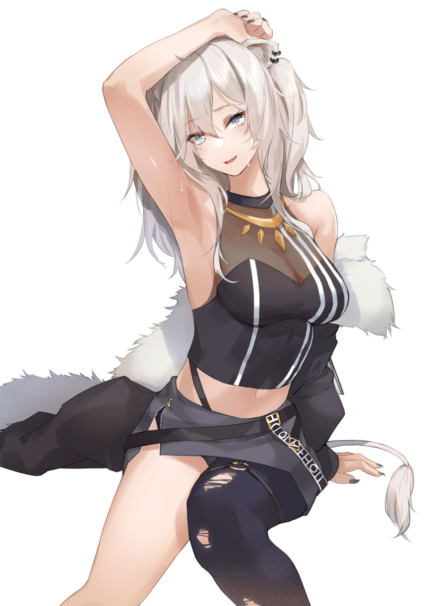 1girl :d absurdres animal_ears arm_up armpits bangs bare_shoulders black_legwear black_shirt breasts commentary_request crop_top fang feet_out_of_frame fur_trim grey_eyes grey_skirt hair_between_eyes head_tilt highres hololive ina_(inadiary) jewelry lion_ears lion_tail long_hair looking_at_viewer medium_breasts midriff miniskirt navel necklace open_mouth pantyhose shirt shishiro_botan silver_hair simple_background single_leg_pantyhose sitting skirt sleeveless sleeveless_shirt smile solo tail white_background
