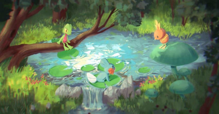 absurdres commentary day eye_contact gen_3_pokemon grass highres huge_filesize lily_pad looking_at_another mudkip no_humans outdoors pokemon pokemon_(creature) pond ricardo_contreras rock sitting standing starter_pokemon_trio torchic treecko water