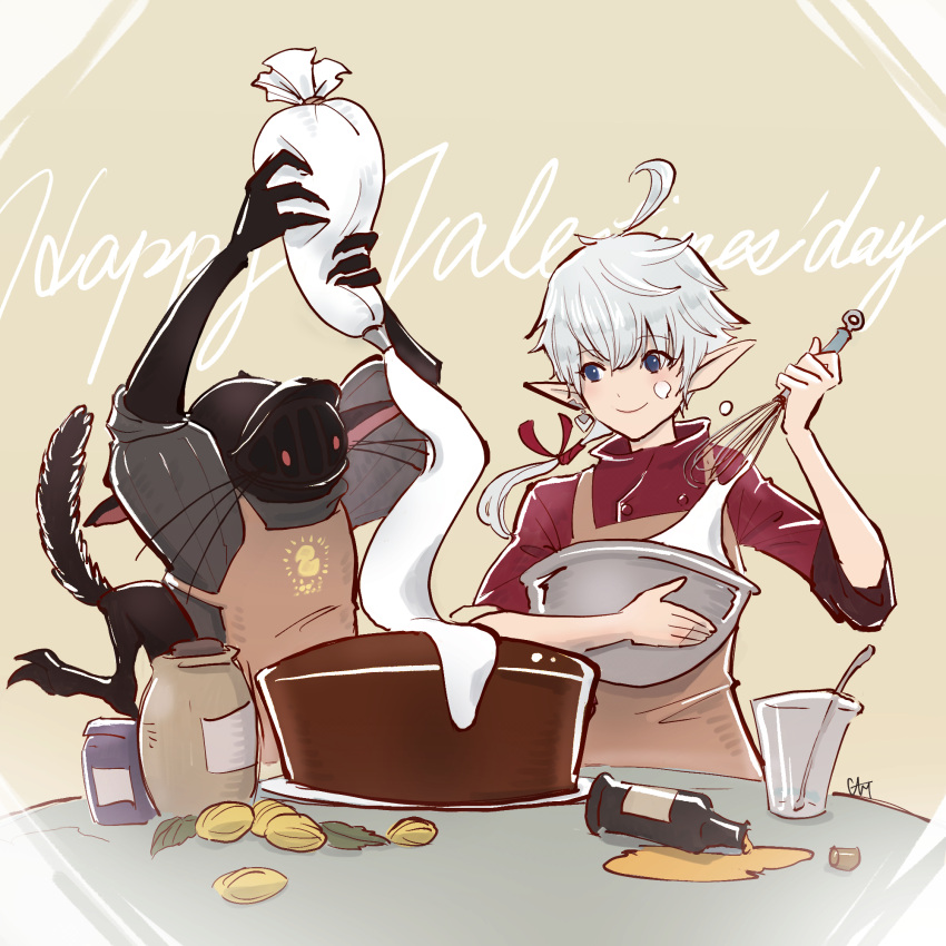 1girl alisaie_leveilleur apron baking bowl cake elezen elf final_fantasy final_fantasy_xiv food ga_bu highres icing jewelry kobold looking_at_another pointy_ears red_eyes short_hair silver_hair single_earring smile tail user_fxdt5787 valentine visor whisk whiskers