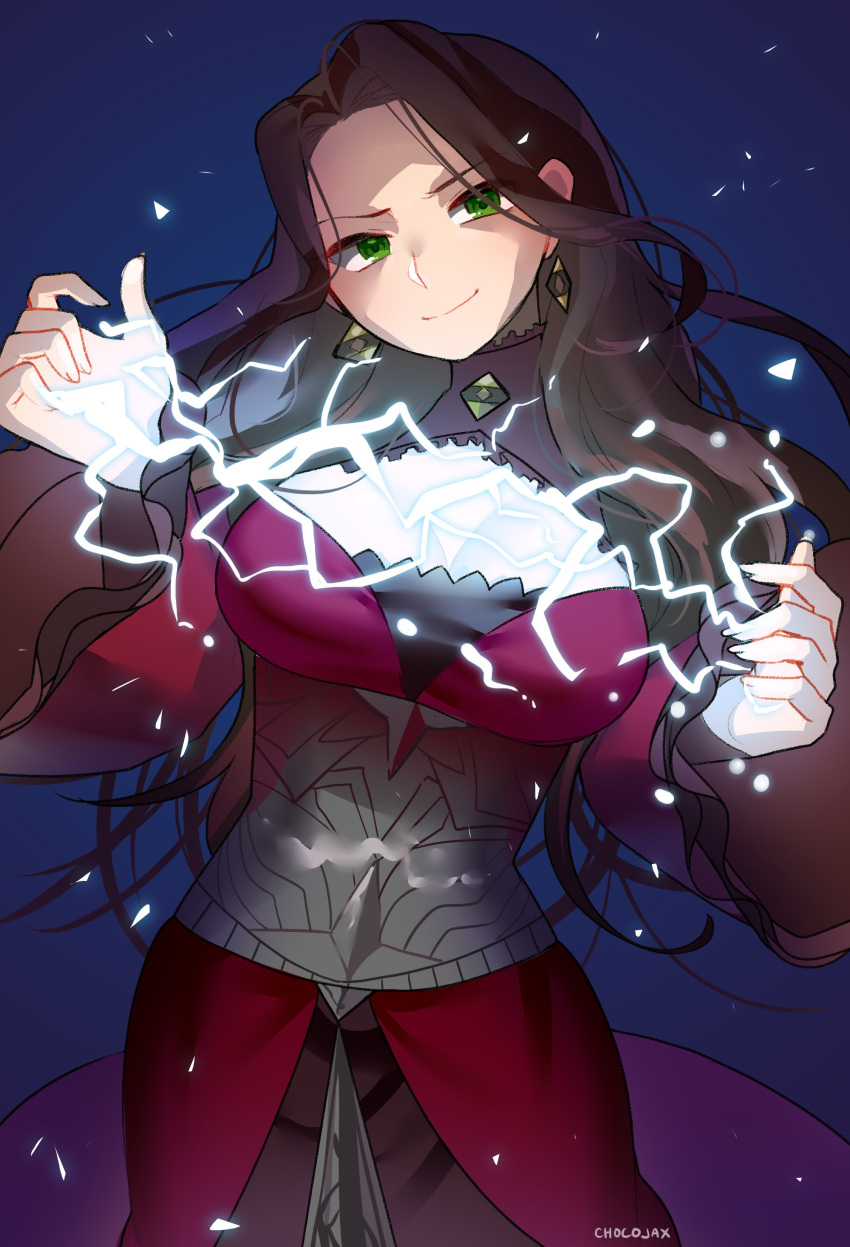 1girl absurdres artist_name brown_hair chocojax closed_mouth dorothea_arnault dress earrings fire_emblem fire_emblem:_three_houses green_eyes highres jewelry long_hair long_sleeves simple_background smile solo