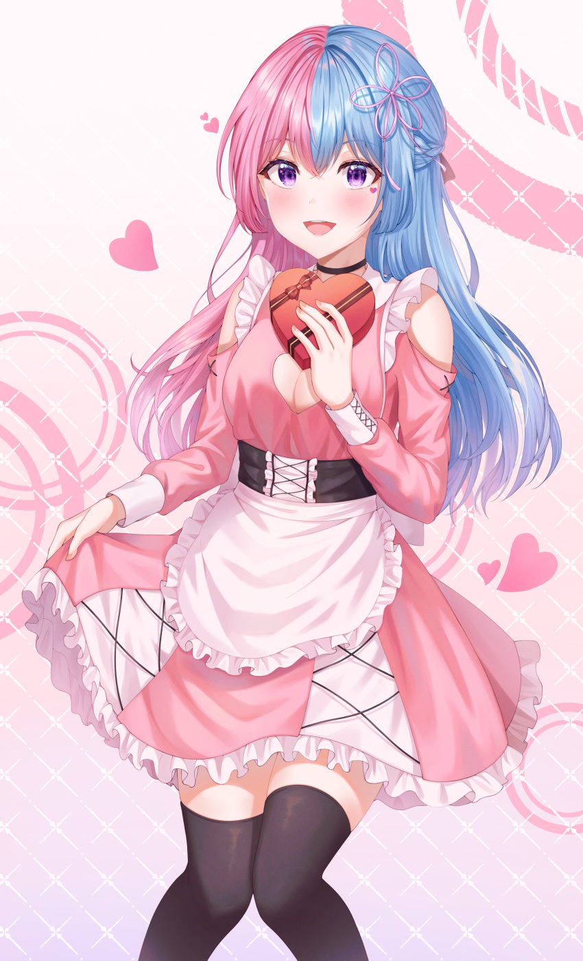 1girl :d absurdres alternate_costume apron bangs bare_shoulders black_choker black_legwear blue_hair blush box braid breasts choker cleavage_cutout clothing_cutout collarbone commentary_request dress enmaided eyebrows_visible_through_hair feet_out_of_frame flower_knot frilled_apron frills hair_ribbon hand_up heart heart_tattoo highres holding holding_box huge_filesize knees_together_feet_apart large_breasts long_hair long_sleeves looking_at_viewer maid medium_breasts multicolored_hair open_mouth original pink_dress pink_hair ribbon sarin_(seoling) shoulder_cutout smile solo tattoo thigh-highs two-tone_hair valentine waist_apron zettai_ryouiki