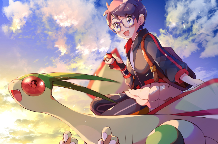 1girl :d absurdres backpack bag bangs brown_bag clouds collaboration commentary_request day dynamax_band flygon gen_3_pokemon glasses gloves hand_up highres holding holding_poke_ball jacket miyama-san open_mouth outdoors partially_fingerless_gloves poke_ball poke_ball_(basic) pokemon pokemon_(creature) pon_yui riding_pokemon short_hair single_glove skirt sky smile tongue zipper_pull_tab