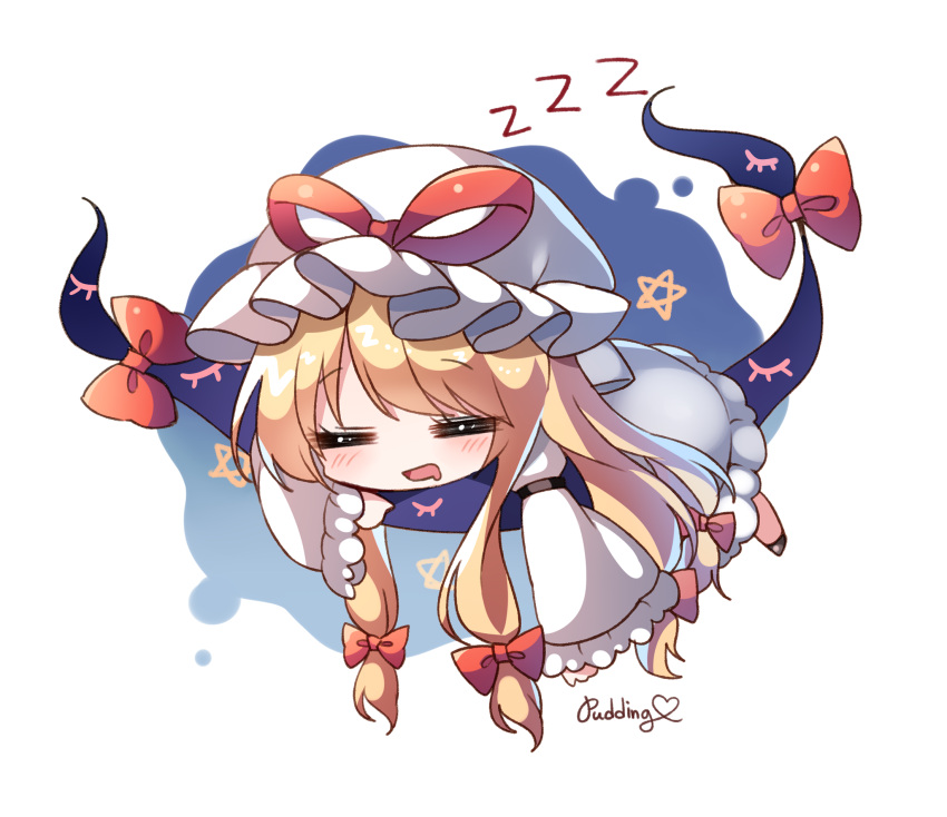 1girl =_= armband artist_name blonde_hair blush bow chibi closed_eyes commentary_request dress eyebrows_visible_through_hair gap_(touhou) hair_bow hat hat_ribbon highres long_hair long_sleeves lying mob_cap mouth_drool on_stomach open_mouth pudding_(skymint_028) red_bow red_ribbon ribbon sleeping solo star_(symbol) touhou white_dress white_headwear wide_sleeves yakumo_yukari