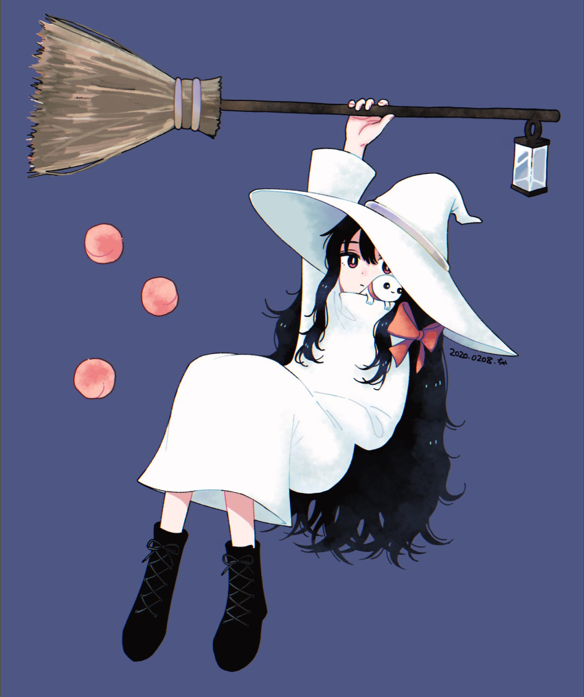 1girl arm_up black_footwear black_hair blue_background boots borrowed_character bow broom creature creature_on_shoulder dress expressionless food fruit full_body gregor_(tsurunoka) hair_bow highres holding holding_broom invisible_chair kotyainryo666 lead_white_(tsurunoka) long_hair long_sleeves looking_at_viewer on_shoulder original peach red_bow simple_background sitting solo very_long_hair white_dress