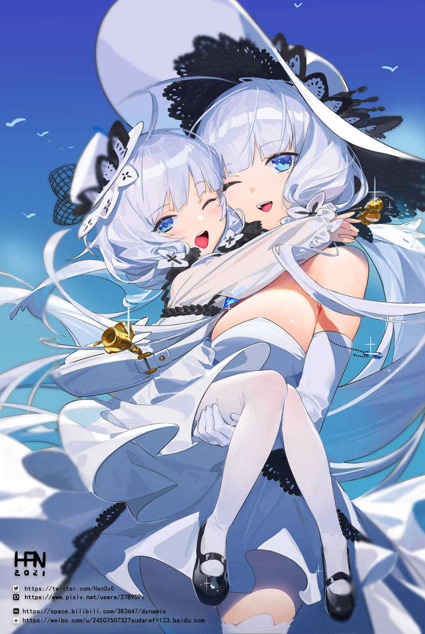 2girls azur_lane bangs blue_eyes breasts dress elbow_gloves eyebrows_visible_through_hair gloves han-0v0 hat highres illustrious_(azur_lane) lace-trimmed_headwear lace_trim large_breasts little_illustrious_(azur_lane) long_hair looking_at_viewer mole mole_under_eye multiple_girls one_eye_closed open_mouth strapless strapless_dress sun_hat thigh-highs watermark web_address white_dress white_gloves white_hair white_headwear white_legwear