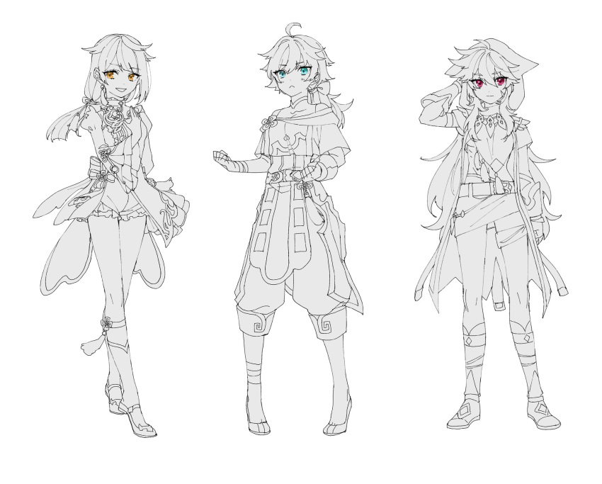 3girls :&lt; ahoge aqua_eyes bangs bava_ovod chongyun_(genshin_impact) clenched_hands closed_eyes closed_mouth eyebrows_visible_through_hair flats frills genderswap genderswap_(mtf) genshin_impact gloves greyscale hair_between_eyes hair_ribbon highres hood hood_up long_hair long_sleeves monochrome multiple_girls open_mouth ponytail razor_(genshin_impact) red_eyes ribbon scar scar_on_face shorts sidelocks simple_background skirt spot_color standing wide_sleeves xingqiu_(genshin_impact) yellow_eyes