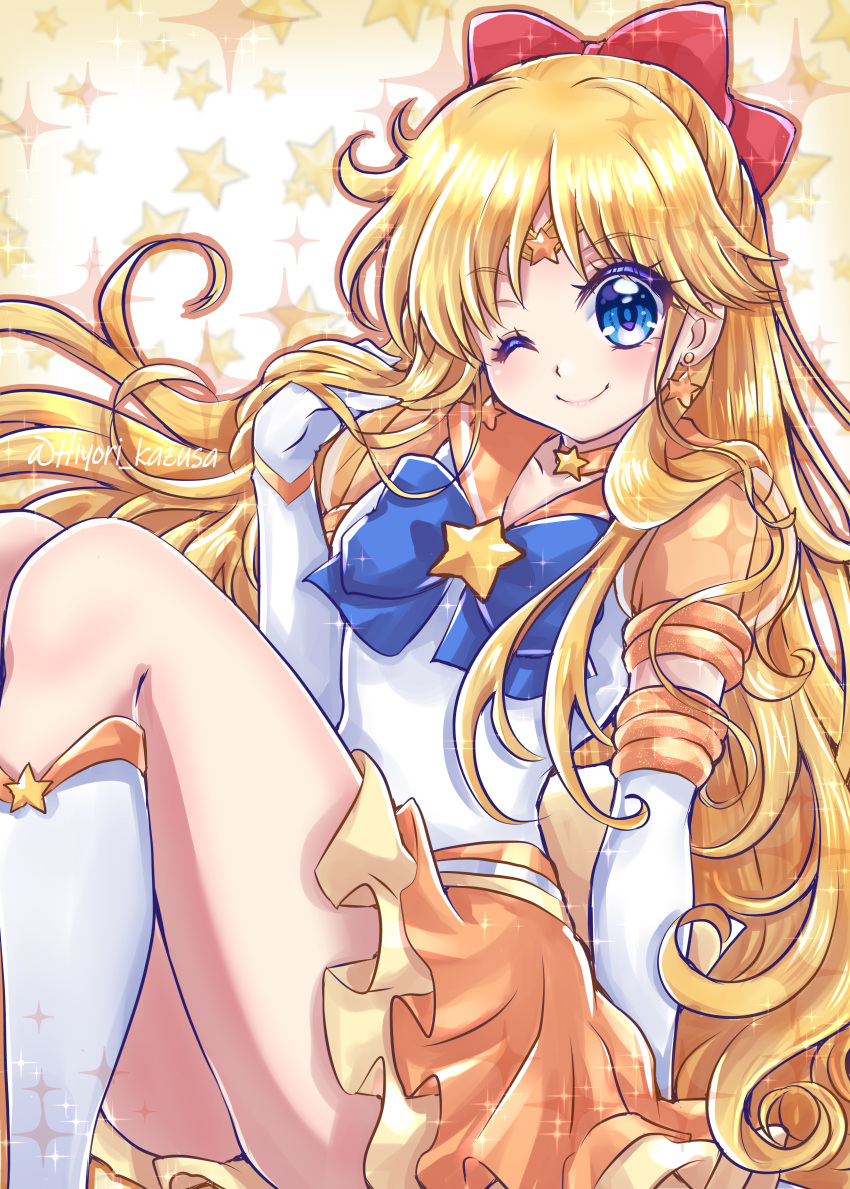 1girl ;) absurdres aino_minako back_bow bishoujo_senshi_sailor_moon blonde_hair blue_bow blue_eyes boots bow brooch choker circlet closed_mouth earrings elbow_gloves gloves hair_bow highres jewelry kazusa_hiyori knee_boots layered_skirt long_hair looking_at_viewer magical_girl one_eye_closed orange_bow orange_neckwear orange_sailor_collar orange_skirt orange_theme puffy_sleeves red_bow sailor_collar sailor_senshi_uniform sailor_venus see-through skirt smile solo sparkle star_(symbol) star_choker star_earrings starry_background super_sailor_venus_(stars) twitter_username white_footwear white_gloves yellow_background yellow_skirt