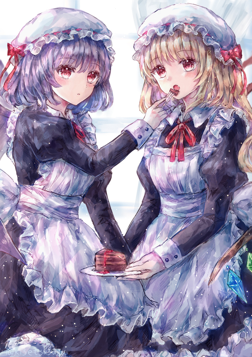 2girls :o absurdres alternate_costume apron bangs black_dress blonde_hair bow breasts cake commentary_request dress eyebrows_visible_through_hair fang feeding feet_out_of_frame flandre_scarlet food hat hat_bow highres holding holding_plate huge_filesize juliet_sleeves long_sleeves looking_at_viewer medium_hair mob_cap multiple_girls one_side_up open_mouth plate puffy_sleeves purple_hair red_bow red_eyes red_neckwear red_ribbon remilia_scarlet ribbon short_hair siblings simple_background sisters small_breasts suzushina touhou white_apron white_background white_headwear