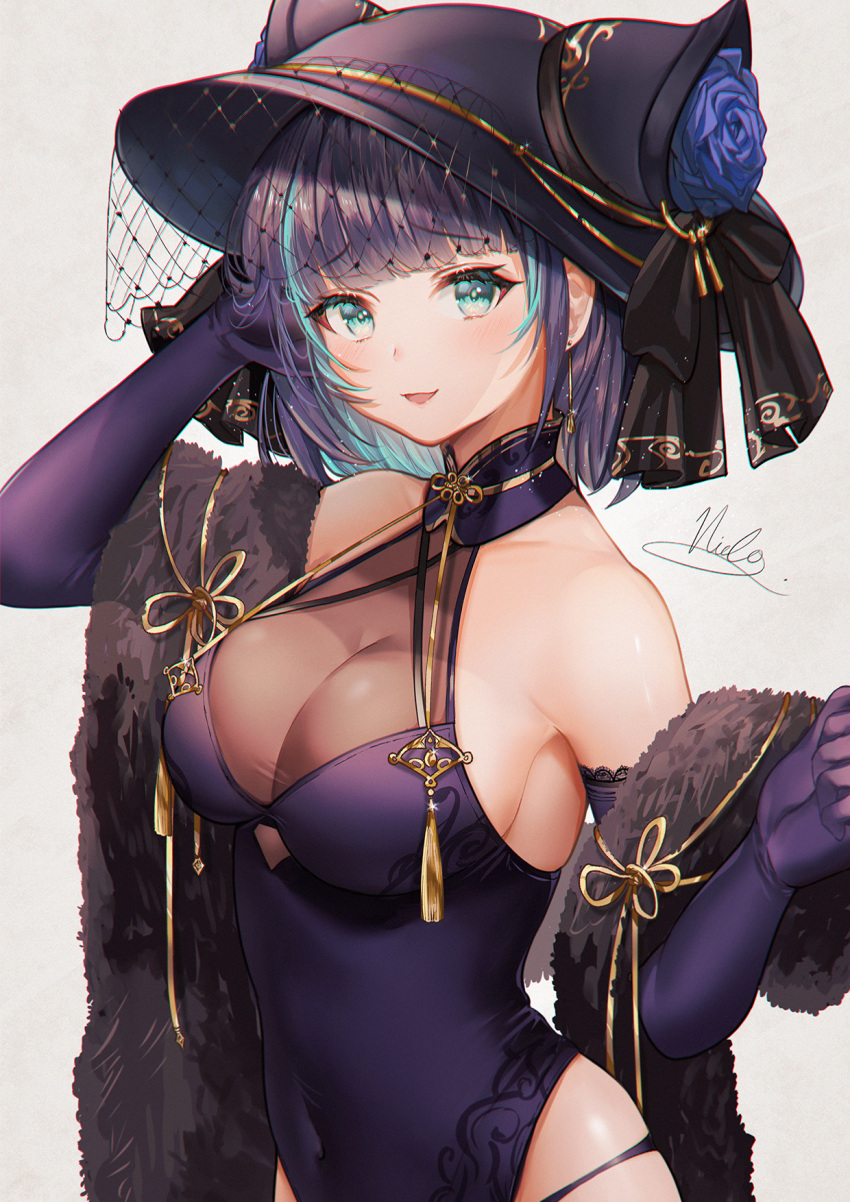 1girl aqua_eyes aqua_hair azur_lane bare_shoulders breasts cheshire_(azur_lane) cheshire_(cait_sith_crooner)_(azur_lane) china_dress chinese_clothes cleavage_cutout clothing_cutout covered_navel dress elbow_gloves feather_boa flower gloves hand_in_hair hat hat_flower highres long_hair medium_breasts medium_hair nicccolee official_alternate_costume panties purple_dress purple_flower purple_gloves purple_headwear see-through signature simple_background string_panties underwear violet_eyes white_background