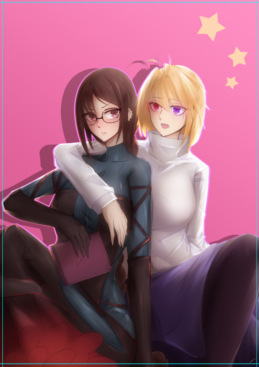 2girls absurdres arcueid_brunestud black_dress black_gloves black_legwear blonde_hair bodysuit_under_clothes braid breasts brown_eyes brown_hair commentary_request destiny123456 dress fate/extra fate/grand_order fate_(series) glasses gloves heterochromia highres hug hug_from_behind large_breasts long_braid long_hair multiple_girls pantyhose pink_background purple_skirt red_eyes short_hair single_braid skirt star_(symbol) striped striped_bodysuit sweater tsukihime turtleneck turtleneck_sweater vertical_stripes violet_eyes white_sweater yu_mei-ren_(fate)