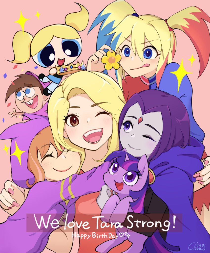 1boy 6+girls barbara_gordon blonde_hair bubbles_(ppg) crossover crown dc_comics dc_super_hero_girls flower forehead_jewel group_hug happy_birthday harley_quinn highres hood hoodie horns hug looking_at_viewer multicolored_hair multiple_girls my_little_pony my_little_pony_friendship_is_magic open_mouth orange_hair powerpuff_girls purple_hair raven_(dc) seiyuu_connection single_horn smile tara_strong teen_titans the_fairly_oddparents timmy_turner tongue tongue_out twilight_sparkle twintails two-tone_hair unicorn urucra