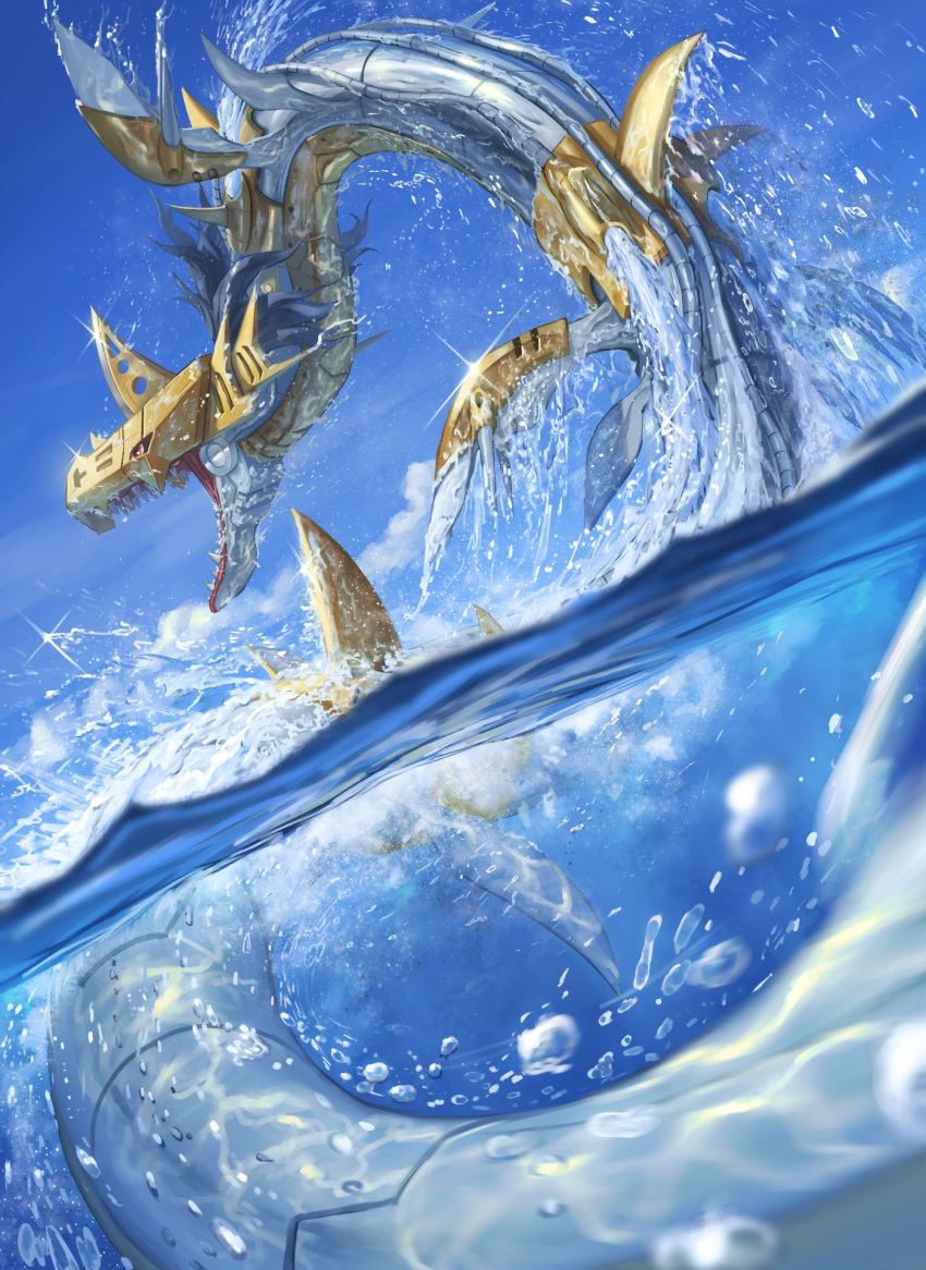 clouds commentary_request day digimon highres metalseadramon no_humans open_mouth outdoors partially_underwater_shot pokemon_(creature) sharp_teeth sky solo spareribs sparkle teeth water water_drop