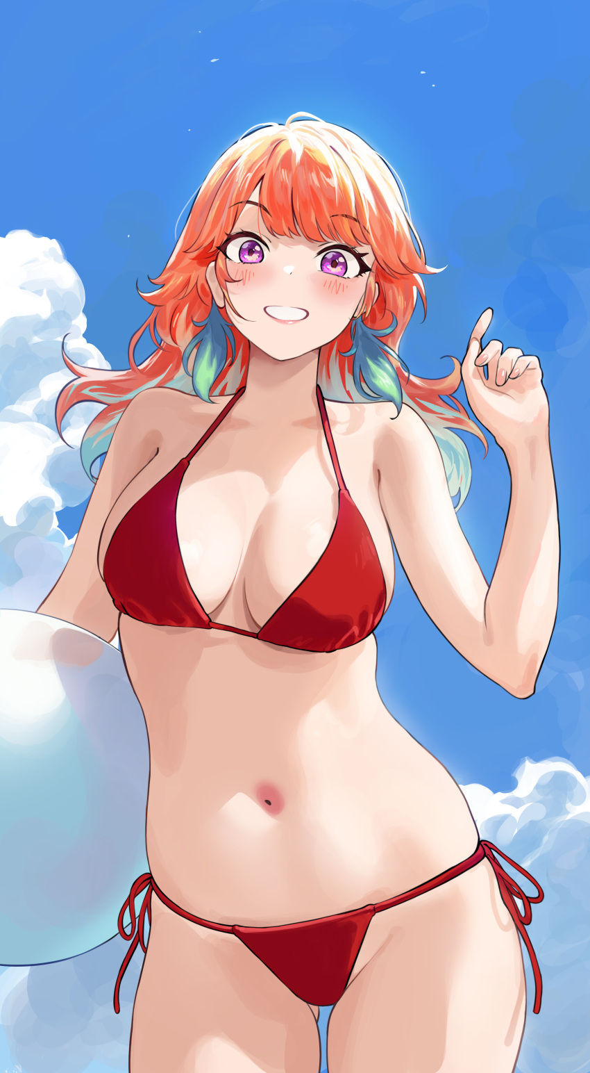 1girl absurdres bangs bikini blue_hair blue_sky blush breasts clouds commentary_request cowboy_shot day eyebrows_visible_through_hair eyelashes eyes_visible_through_hair gradient_hair grin halter_top halterneck hand_up highres hololive hololive_english knatb long_hair medium_breasts multicolored_hair navel orange_hair outdoors red_bikini side-tie_bikini side-tie_bottom sky smile solo standing swimsuit takanashi_kiara two-tone_hair virtual_youtuber