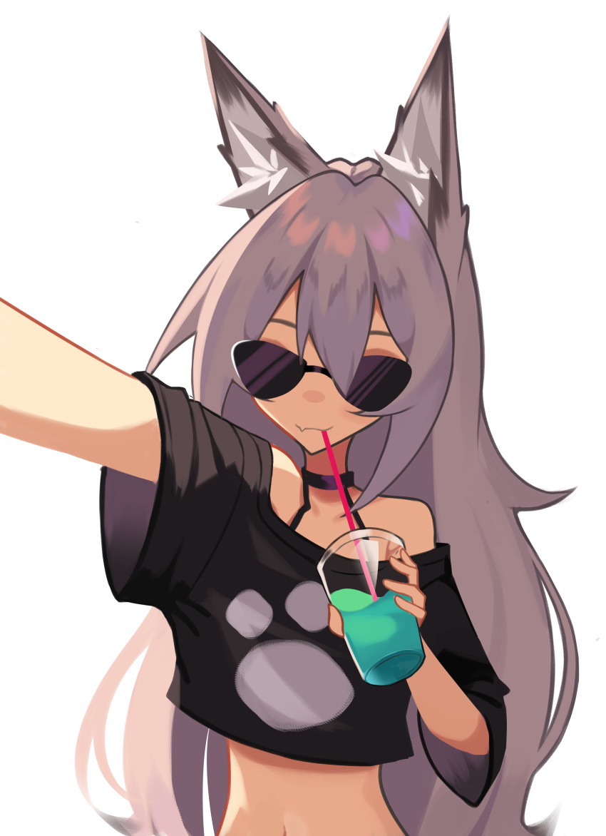 1girl absurdres animal_ear_fluff animal_ears bikini bikini_under_clothes black_shirt cropped_shirt drinking_straw drinking_straw_in_mouth fang fang_out ghost_(tama) grey_hair halter_top halterneck highres long_hair original paw_print self_shot shirt skin_fang smile solo sunglasses swimsuit white_background wolf_ears wolf_girl