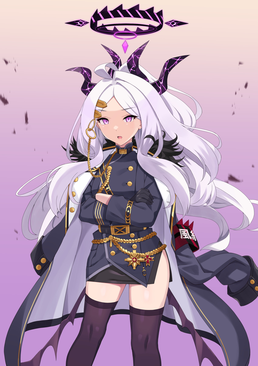 1girl absurdres ahoge aiguillette armband bangs black_gloves black_skirt blue_archive buttons coat coat_on_shoulders cross crossed_arms demon_horns double-breasted frilled_shirt frills gloves halo highres hina_(blue_archive) horns hraf8mvqvxzvago iron_cross long_coat long_hair military military_uniform miniskirt multiple_horns parted_bangs purple_coat shirt side_slit skirt solo thigh-highs uniform violet_eyes white_hair white_shirt zettai_ryouiki