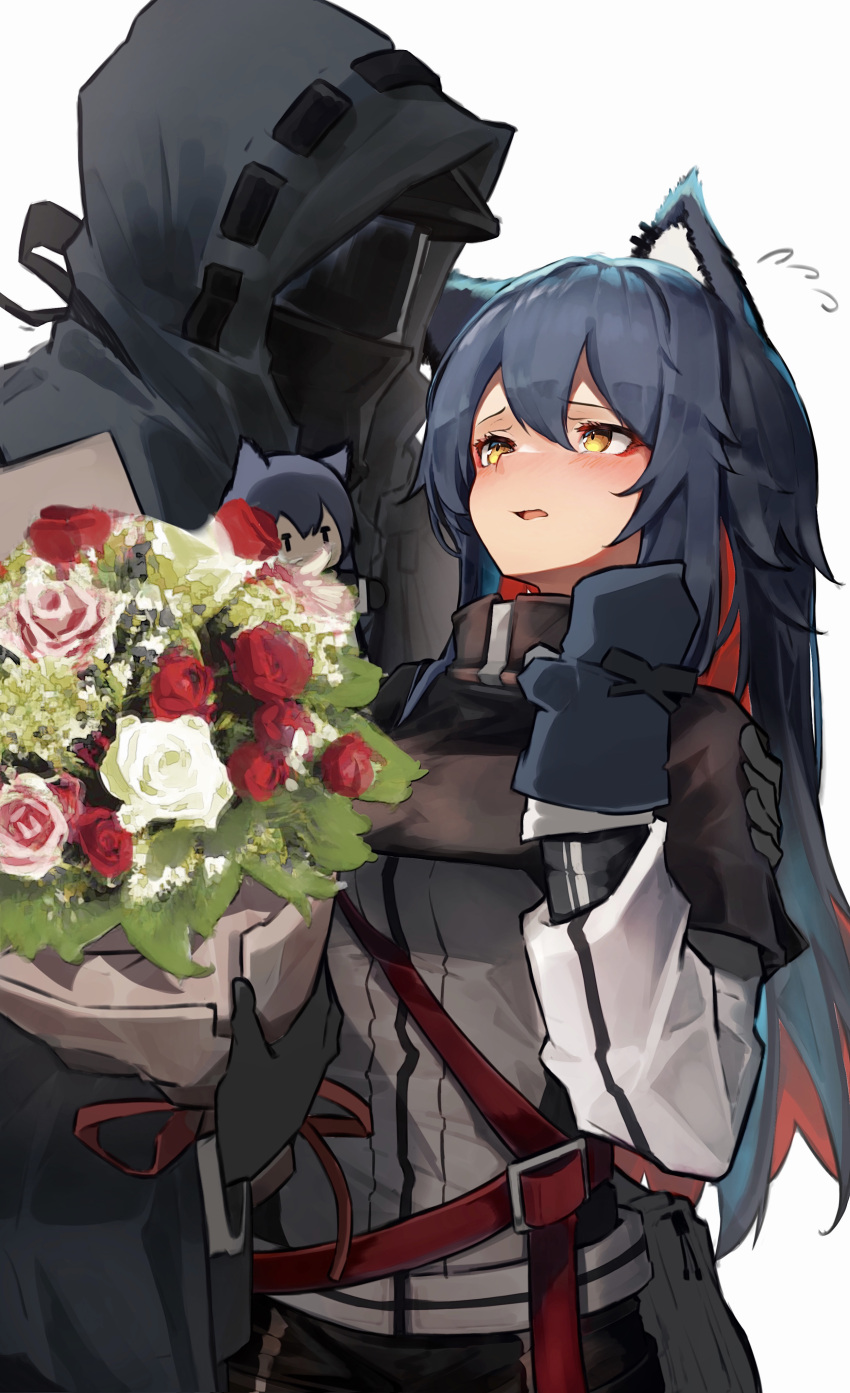 1boy 1girl absurdres animal_ears arknights black_hair bouquet character_doll commentary_request doctor_(arknights) flower highres holding holding_bouquet long_hair looking_at_another open_mouth pink_flower pink_rose red_flower red_rose redhead rose simple_background tab_head tail texas_(arknights) white_background white_flower white_rose wolf_ears wolf_tail yellow_eyes