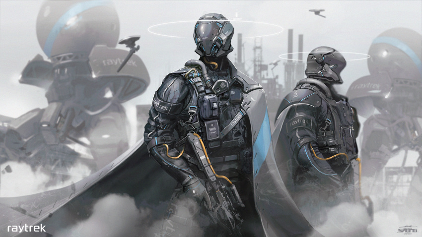 2boys drone esuthio gun halo highres holding holding_gun holding_weapon logo looking_to_the_side mecha military multiple_boys original power_armor raytrek science_fiction weapon