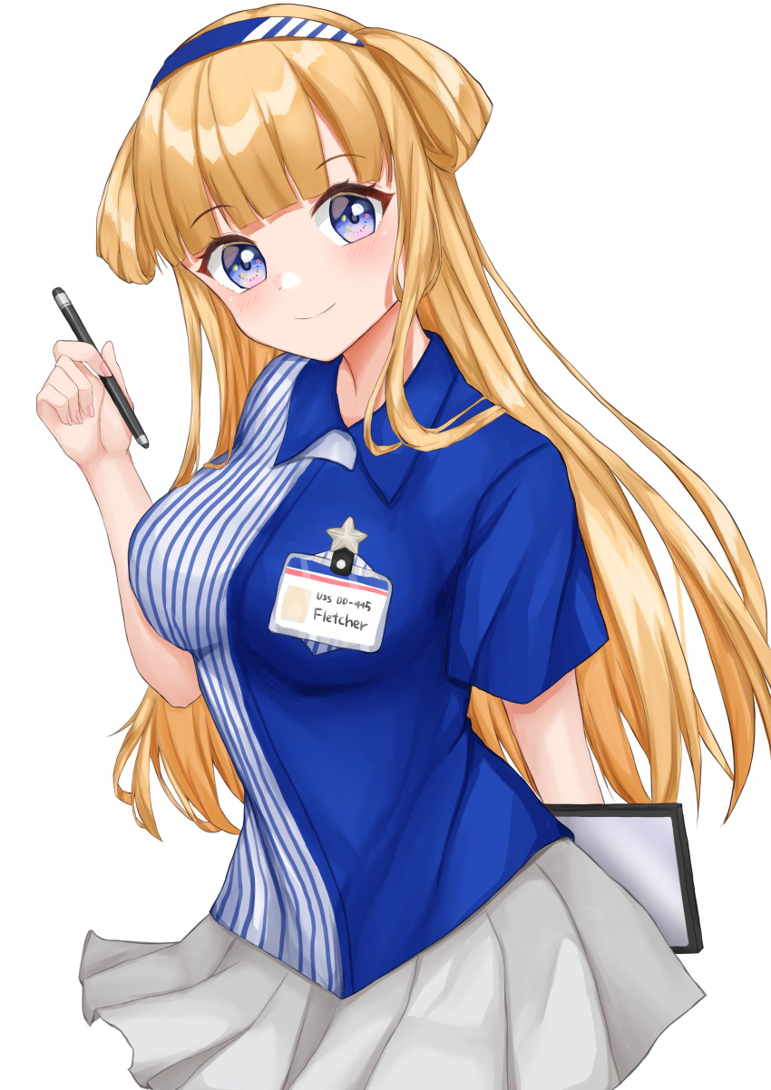 1girl absurdres blonde_hair blush breasts collared_shirt double_bun employee_uniform fletcher_(kancolle) highres holding holding_stylus id_card kantai_collection large_breasts lawson long_hair namakarashi name_tag pen pleated_skirt shirt skirt smile solo store_clerk striped striped_shirt stylus tablet_pc uniform vertical-striped_shirt vertical_stripes violet_eyes white_background
