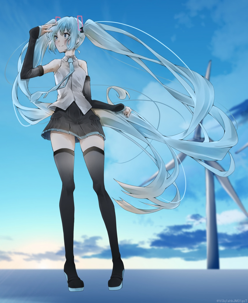 1girl absurdly_long_hair aqua_eyes aqua_hair aqua_neckwear bare_shoulders black_legwear black_skirt black_sleeves blue_sky boots clouds commentary detached_sleeves full_body hair_ornament hand_up hatsune_miku hatsune_miku_(vocaloid4) highres long_hair looking_to_the_side miniskirt necktie outdoors pleated_skirt shading_eyes shirt shirubaa skindentation skirt sky sleeveless sleeveless_shirt smile solo standing sunrise thigh-highs thigh_boots twintails twitter_username v4x very_long_hair vocaloid white_shirt wind_turbine zettai_ryouiki