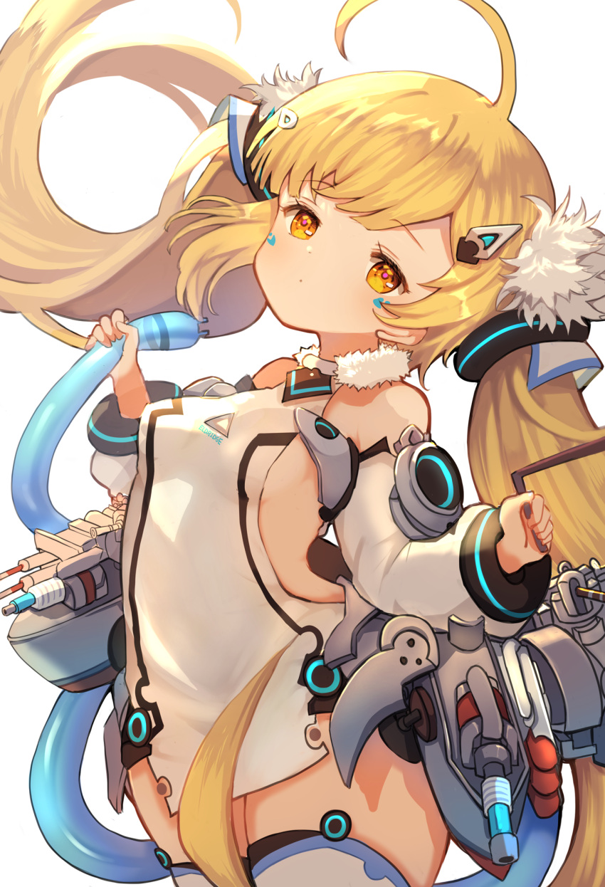 1girl ahoge azur_lane bangs bare_shoulders blonde_hair blush breasts closed_mouth commentary_request detached_sleeves dress eldridge_(azur_lane) eyebrows_visible_through_hair facial_mark fur_collar highres long_hair long_sleeves looking_at_viewer machinery marekamico puffy_long_sleeves puffy_sleeves red_eyes simple_background sleeveless sleeveless_dress small_breasts solo tail thigh-highs twintails very_long_hair white_background white_dress white_legwear white_sleeves