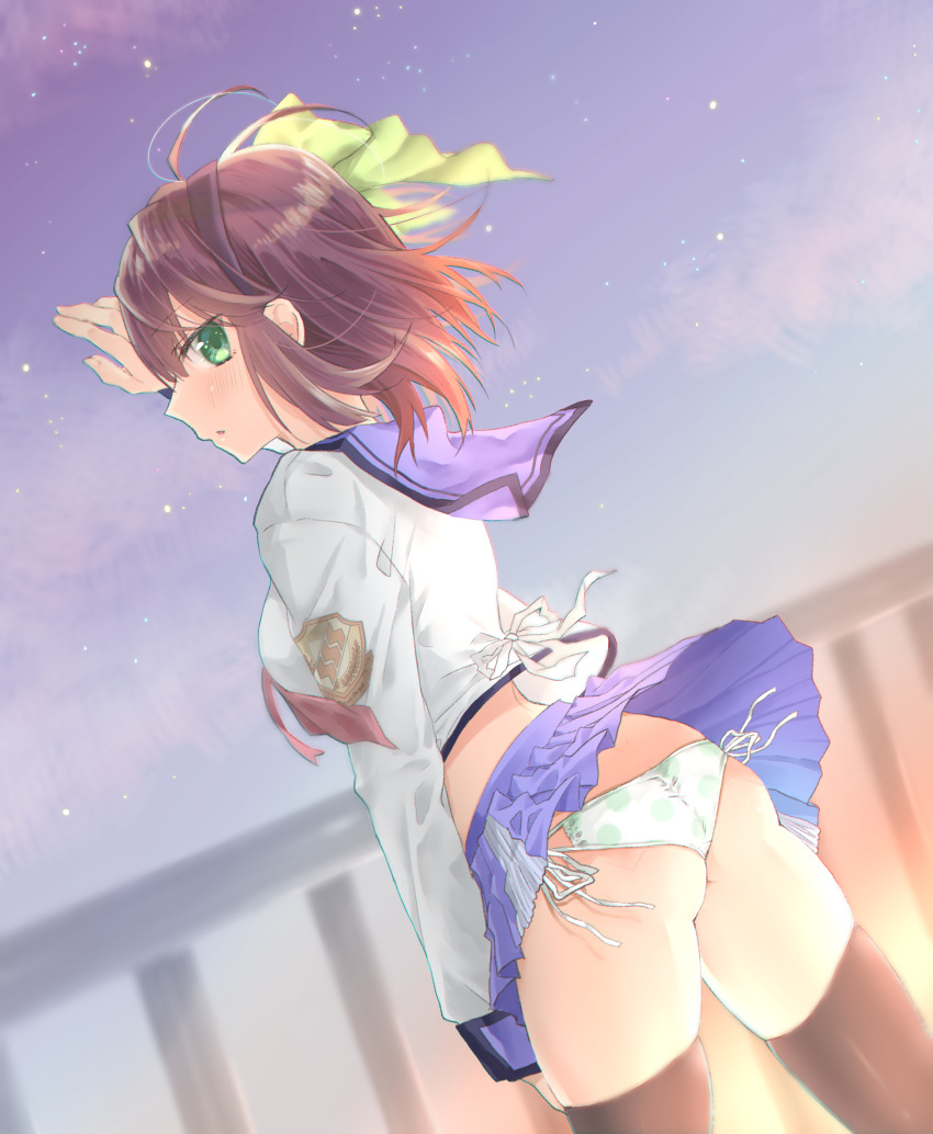 1girl angel_beats! ass black_hairband black_legwear blush brown_hair collared_shirt day floating_hair green_eyes hairband highres long_sleeves looking_at_viewer medium_hair miniskirt neckerchief outdoors panties pleated_skirt profile purple_sailor_collar purple_skirt puya red_neckwear sailor_collar sailor_shirt school_uniform serafuku shinda_sekai_sensen_uniform shiny shiny_hair shirt side-tie_panties skirt skirt_lift solo thigh-highs underwear white_panties white_shirt yuri_(angel_beats!)