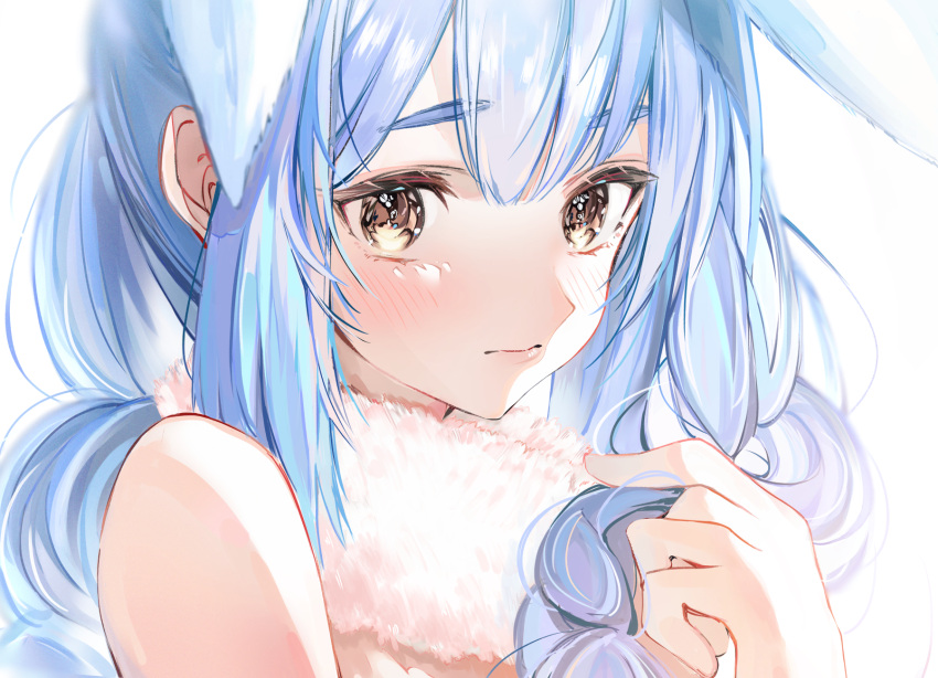 1girl animal_ears bangs blue_hair blush braid bunny_girl close-up commentary_request cute_mdr don-chan_(usada_pekora) eyebrows_visible_through_hair hand_up highres hololive looking_at_viewer playing_with_own_hair profile rabbit_ears simple_background solo twin_braids usada_pekora virtual_youtuber white_background yellow_eyes
