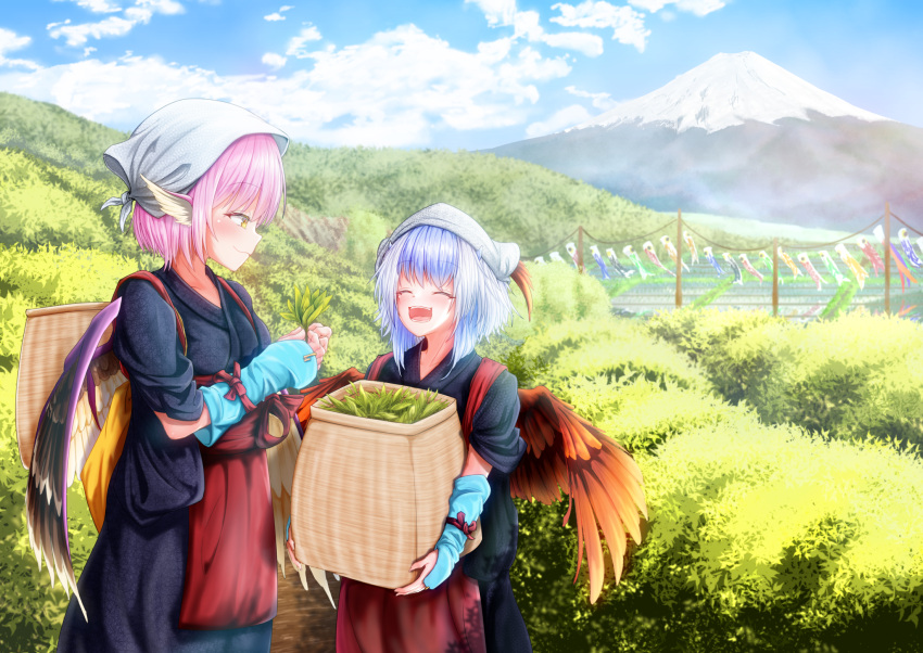 2girls alternate_costume arm_warmers bangs basket besuteia bird_wings blue_hair blue_kimono blue_sky closed_eyes clouds commentary_request cowboy_shot day eyebrows_visible_through_hair feathered_wings from_side hakama_skirt head_scarf herb highres holding holding_basket holding_plant japanese_clothes kimono koinobori looking_at_another lower_teeth mount_fuji mountain multiple_girls mystia_lorelei open_mouth outdoors pink_hair short_hair sky smile standing tasuki teeth tokiko_(touhou) touhou upper_teeth wings yellow_eyes