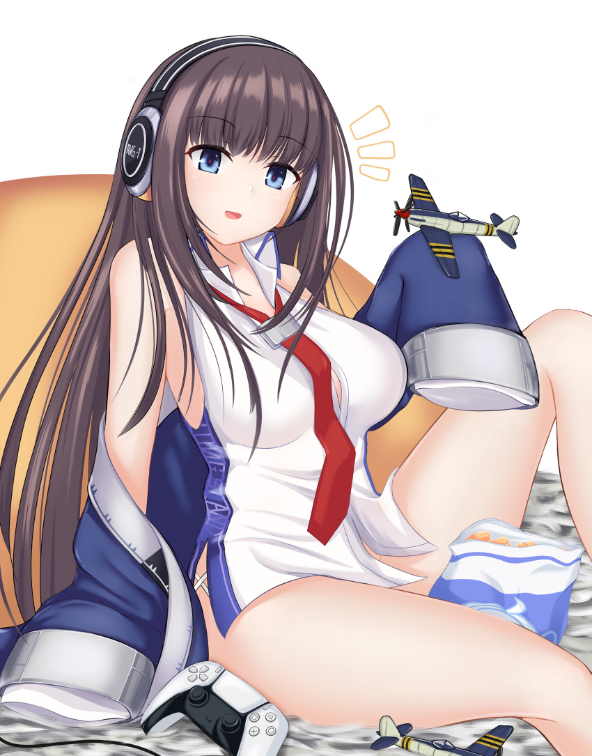 1girl absurdres aircraft airplane azur_lane bag_of_chips blue_eyes blue_jacket breasts brown_hair chips collared_shirt eyebrows_visible_through_hair food headphones highres jacket large_breasts long_hair long_island_(azur_lane) long_sleeves loose_necktie mastersprouts model_airplane necktie no_pants off-shoulder_jacket off_shoulder playstation_controller red_neckwear retrofit_(azur_lane) shirt simple_background sleeveless sleeveless_shirt solo thighs white_shirt