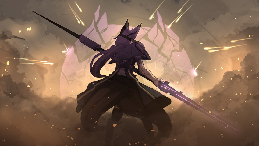 1girl animal_ears bleeding blood boots capelet commentary dress embers english_commentary fighting_stance firing force_field fox_ears fox_tail highres kurin_(rimworld) lance long_hair multiple_tails polearm ponytail purple_dress purple_hair ricocheting rimworld science_fiction shield shuuko_(s_h_uuko) skirt smoke solo tail tracer_fire weapon