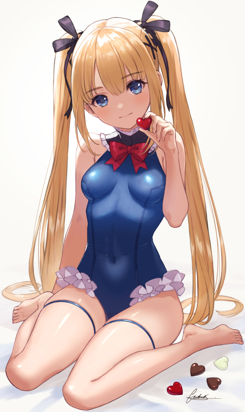 azur_lane bangs bare_arms bare_legs bare_shoulders barefoot black_ribbon blonde_hair blue_eyes blush bow bowtie breasts casual_one-piece_swimsuit closed_mouth covered_navel dead_or_alive eyebrows_visible_through_hair frilled_swimsuit frills fubuki_(fakemonkey0224) full_body hair_between_eyes hair_ornament heart highres holding holding_heart long_hair looking_at_viewer marie_rose one-piece_swimsuit red_bow red_neckwear ribbon signature simple_background sitting small_breasts smile swimsuit thigh_strap twintails very_long_hair wariza white_background x_hair_ornament