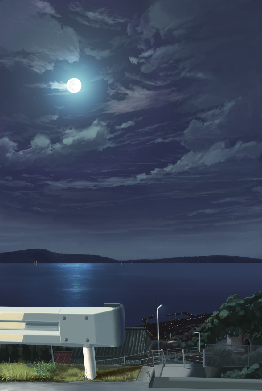 absurdres clouds dock fence full_moon gingham_vest grass highres lamppost landscape moon night night_sky no_humans original outdoors railing scenery sky stairs water