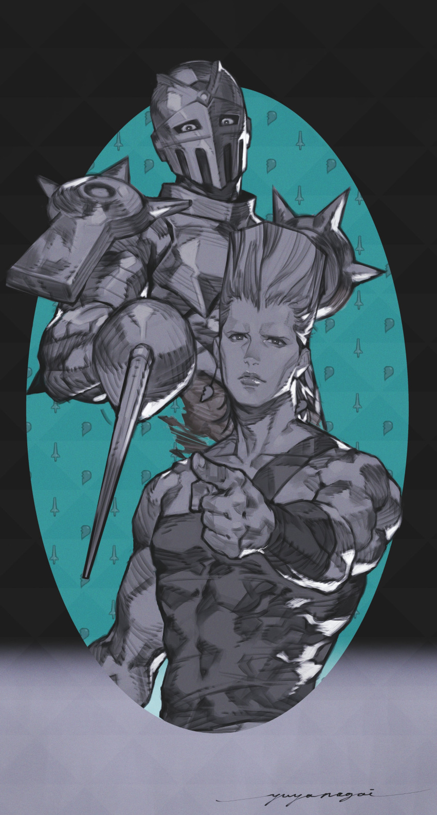 1boy 1other absurdres armor bare_shoulders broken_heart closed_mouth collarbone commentary earrings flattop floating furrowed_eyebrows gradient gradient_background heart heart_earrings highres jean_pierre_polnareff jewelry jojo_no_kimyou_na_bouken looking_at_viewer male_focus muscular outstretched_arm partially_colored pointing rapier signature silver_chariot single_strap sleeveless stand_(jojo) stardust_crusaders sword tight upper_body v8 weapon widow's_peak