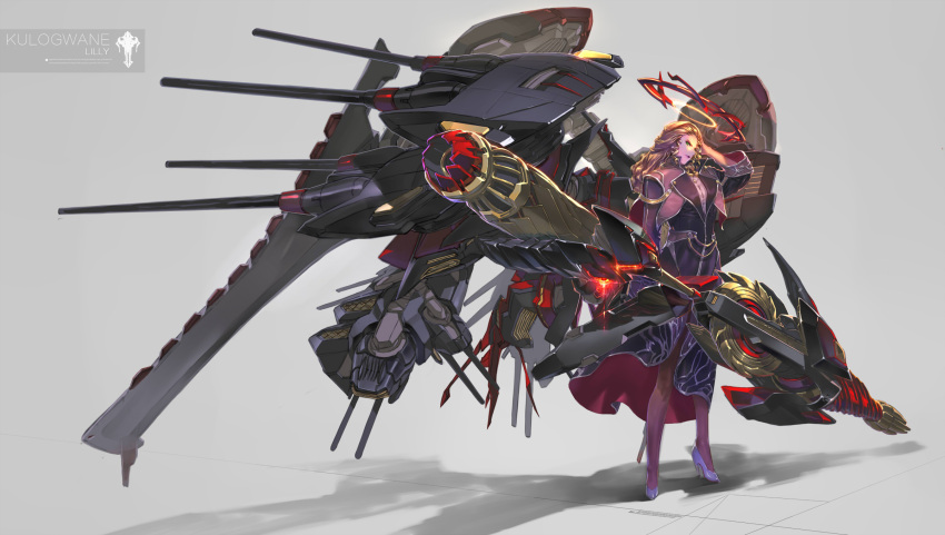 1girl blonde_hair blue_eyes character_name chinese_commentary gun halo hand_on_head high_heels highres holding holding_gun holding_weapon jian_huang kantai_collection kurogane_(super_robot_wars) lily_junkers looking_at_viewer mecha_musume parody purple_footwear purple_lips ranguage style_parody super_robot_wars super_robot_wars_og_divine_wars super_robot_wars_original_generation weapon