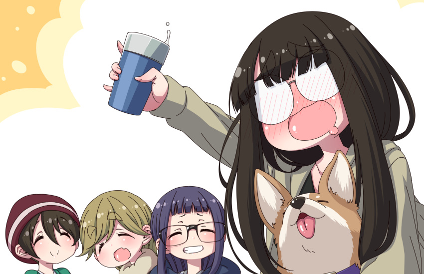 4girls :d alcohol animal black_hair blonde_hair closed_eyes commentary dog drunk eyebrows_visible_through_hair fang glasses grin hanya_(hanya_yashiki) hat highres inuyama_aoi long_hair multiple_girls oogaki_chiaki opaque_glasses open_mouth purple_hair rectangular_eyewear round_eyewear saitou_ena sake short_hair simple_background skin_fang smile thick_eyebrows toast_(gesture) toba_minami tongue tongue_out yurucamp