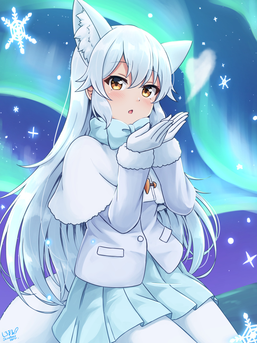 1girl absurdres animal_ear_fluff animal_ears arctic_fox_(kemono_friends) bangs blue_bow blue_neckwear blue_skirt bow bowtie brown_eyes capelet commentary extra_ears fox_ears fur-trimmed_sleeves fur_trim gloves hair_between_eyes heart highres kemono_friends long_hair long_sleeves looking_at_viewer open_mouth pantyhose pleated_skirt shiraha_maru signature skirt snowflakes solo very_long_hair white_capelet white_gloves white_hair white_legwear