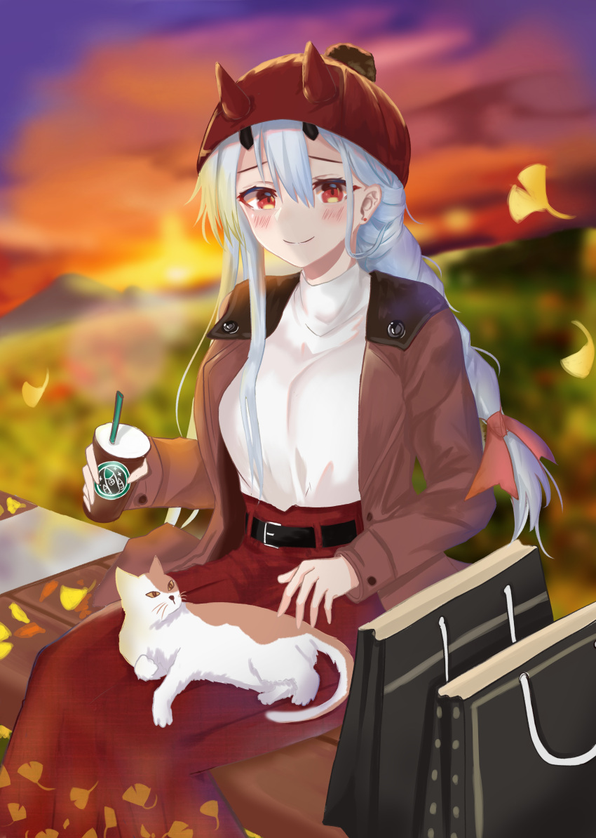 1girl absurdres alternate_costume alternate_hairstyle animal_on_lap bag belt bench black_belt blush braid brown_coat casual cat cat_on_lap coat contemporary cup fate/grand_order fate_(series) fox_(user_svjz5723) hair_between_eyes highres holding holding_cup horns horns_through_headwear leaf long_hair long_skirt looking_at_viewer oni_horns open_clothes open_coat outdoors red_eyes red_headwear red_skirt silver_hair single_braid sitting sitting_on_bench skirt smile solo sunset sweater tomoe_gozen_(fate) white_sweater