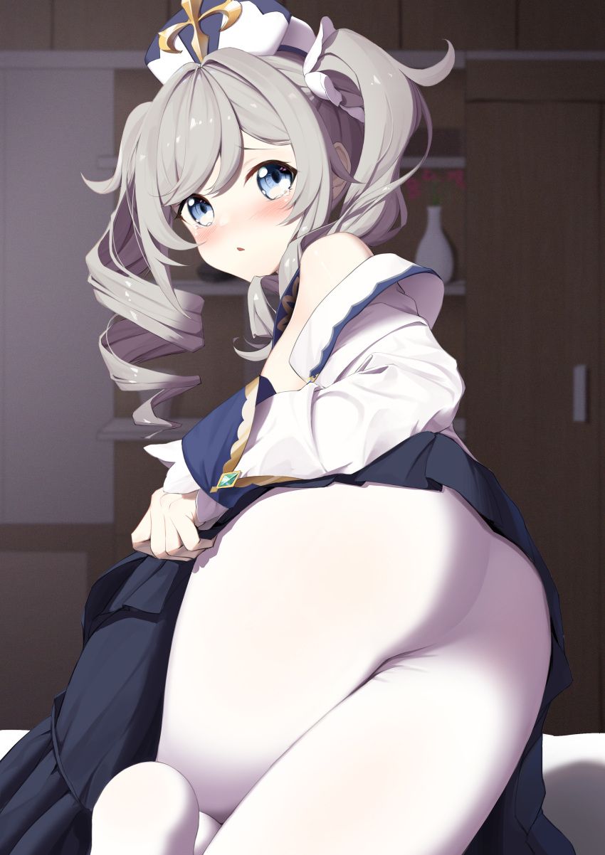 1girl absurdres ass barbara_(genshin_impact) bare_shoulders blue_eyes blush commentary_request drill_hair from_behind genshin_impact grey_hair hat highres indoors long_sleeves looking_at_viewer looking_back pantyhose solo starlan tears white_legwear
