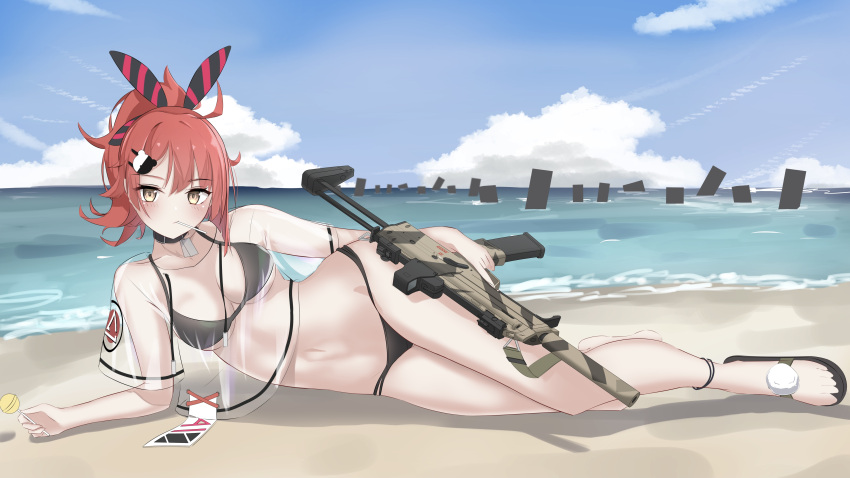 1girl absurdres beach blush breasts candy commission food girls_frontline gun h&amp;k_mp7 highres lollipop lying medium_breasts mp7_(girls_frontline) navel ocean on_side pixiv_request rynn_(rynn_cube) see-through solo submachine_gun swimsuit swimwear weapon