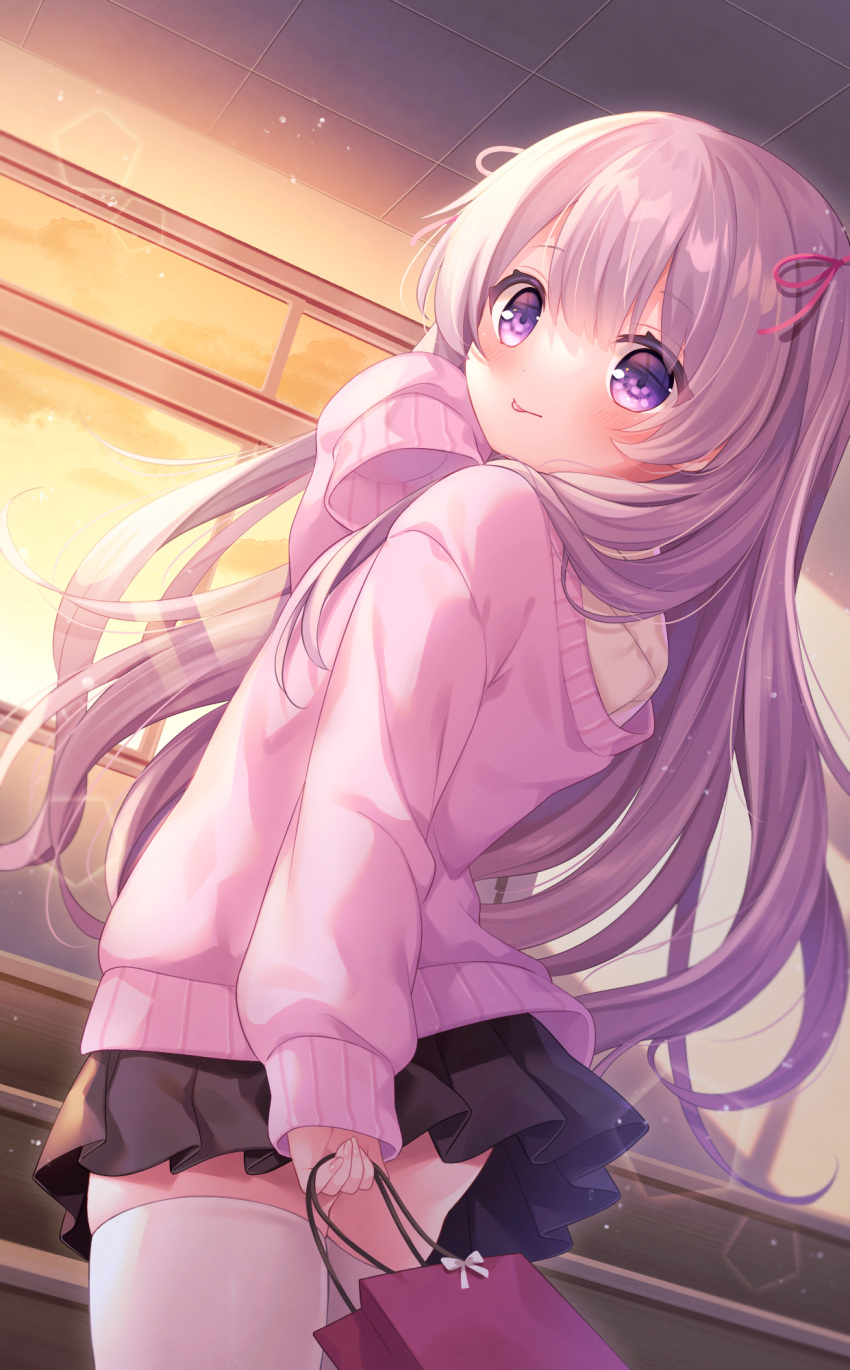 1girl :p bag bangs black_skirt blush closed_mouth eyebrows_visible_through_hair from_behind grey_hair hair_between_eyes hair_ribbon hand_up highres holding holding_bag indoors komachi_pochi long_hair long_sleeves looking_at_viewer looking_back off_shoulder original paper_bag pink_sweater pleated_skirt red_ribbon ribbon school_uniform shirt skirt sleeves_past_fingers sleeves_past_wrists smile solo stairs sunset sweater thigh-highs tongue tongue_out two_side_up very_long_hair violet_eyes white_legwear white_shirt window