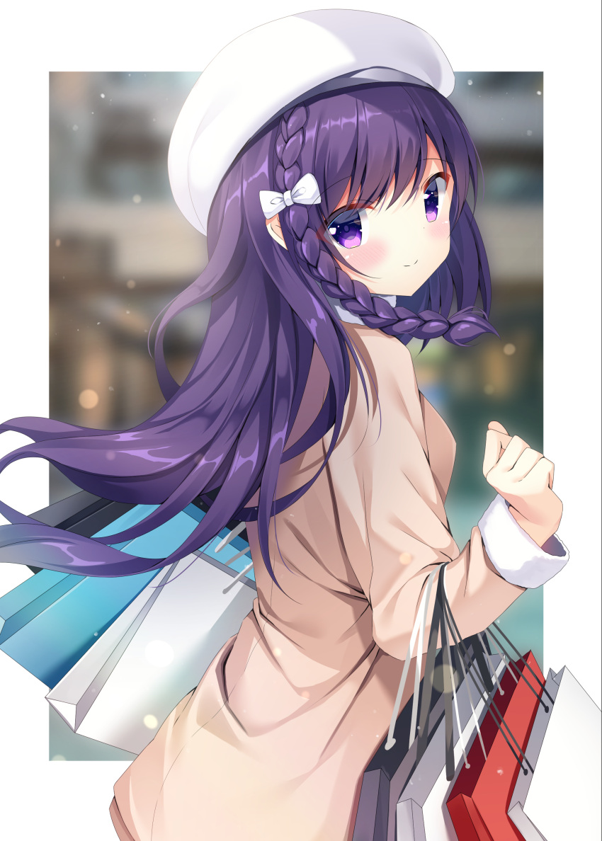1girl absurdres bag bangs beret blurry blurry_background blush bow braid breasts brown_coat closed_mouth coat commentary_request depth_of_field eyebrows_visible_through_hair from_side gochuumon_wa_usagi_desu_ka? hair_bow hand_up hat highres long_hair long_sleeves looking_at_viewer looking_to_the_side medium_breasts paper_bag pizzzica purple_hair shopping_bag smile solo tedeza_rize very_long_hair violet_eyes white_bow white_headwear