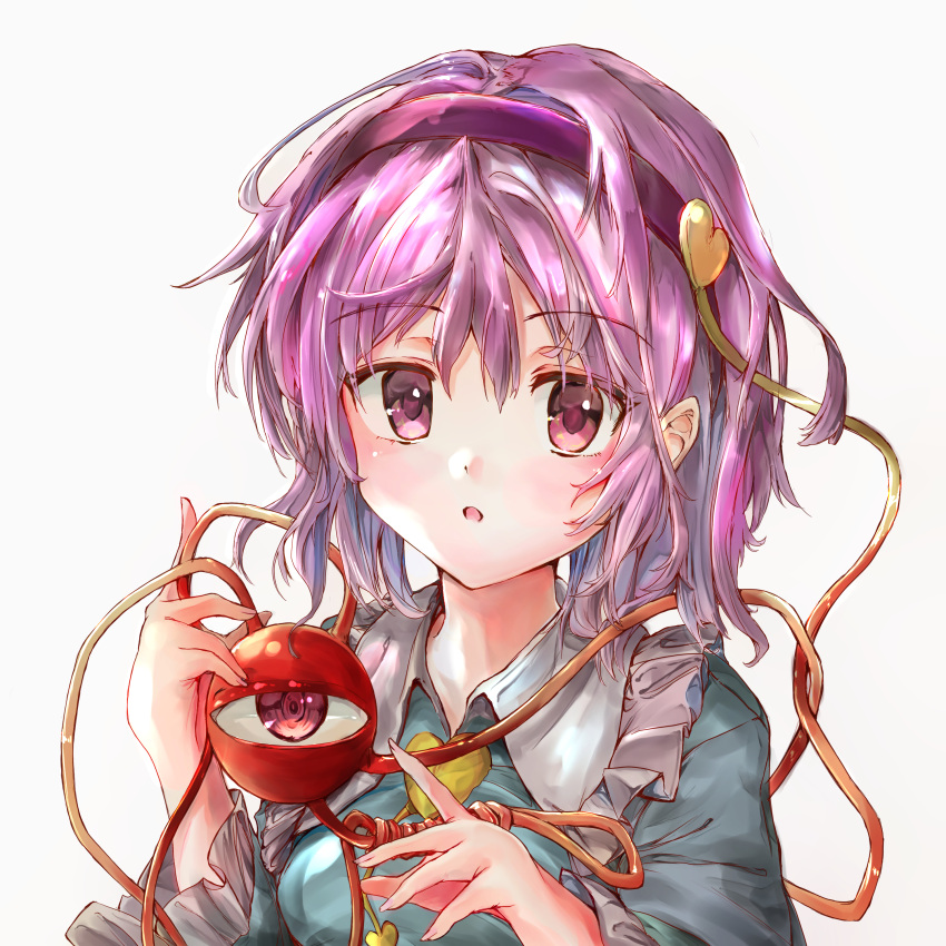 1girl :o absurdres arms_up blue_shirt eyebrows_visible_through_hair frilled_shirt_collar frilled_sleeves frills hair_between_eyes hair_ornament hairband heart heart_hair_ornament highres ikazuchi_akira komeiji_satori long_sleeves looking_at_viewer parted_lips purple_hair shirt short_hair simple_background solo standing third_eye touhou upper_body violet_eyes white_background